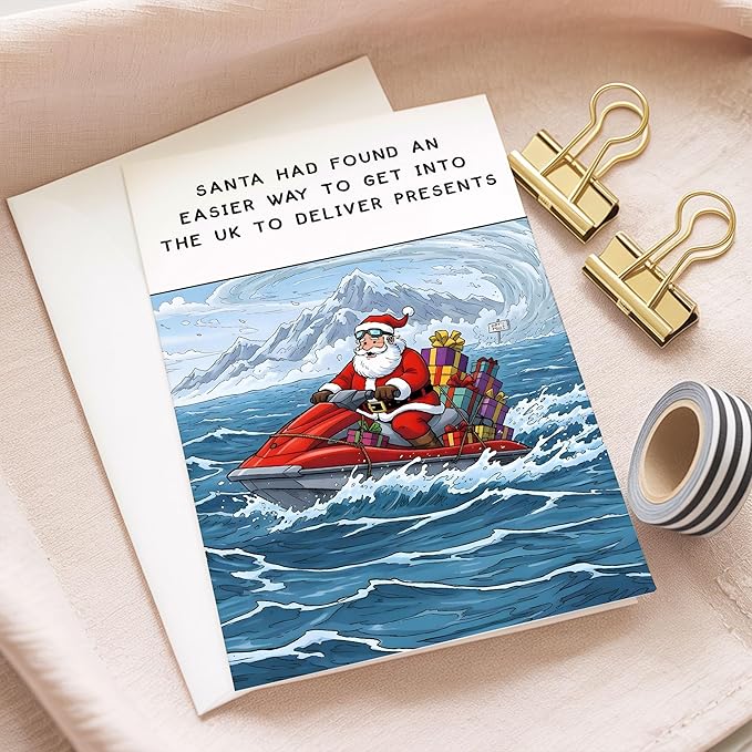 (5.3x8in) Santa Found an Easier Way to Get Into the UK Christmas Card with Envelope, Funny British Holiday Greeting Featuring Jet Ski Santa, Humorous Xmas Card for Friends and Coworkers (Xmas 35)