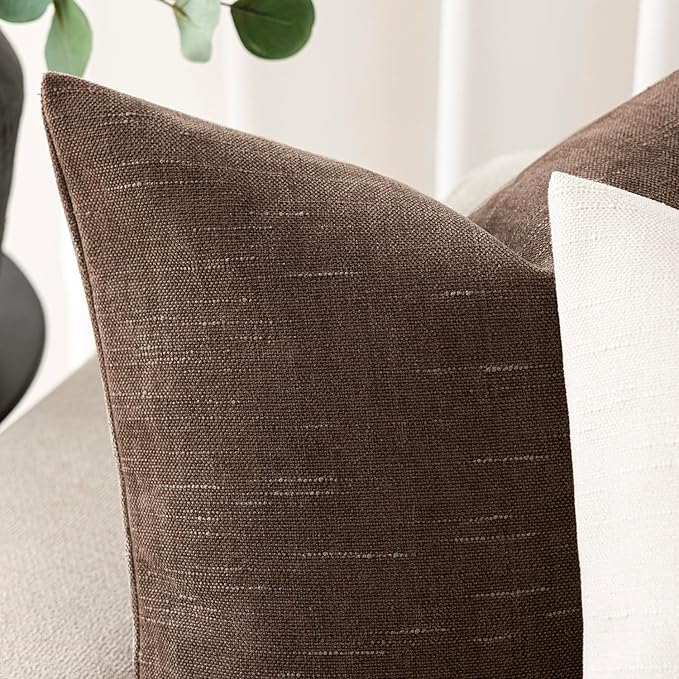 Foindtower Set of 2 Soft Textured Chenille Throw Decorative Pillow Covers Square Accent Solid Cushion Cover Cozy Neutral Farmhouse Pillow Case for Couch Sofa Bedroom Living Room 22x22 Inch, Chocolate