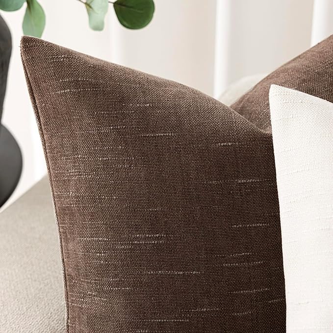 Foindtower Set of 2 Soft Textured Chenille Throw Decorative Pillow Covers Square Accent Solid Cushion Cover Cozy Neutral Farmhouse Pillow Case for Couch Sofa Bedroom Living Room 24x24 Inch, Chocolate