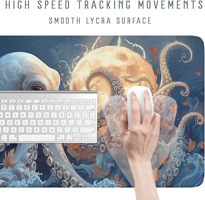 White Octopus Moon Gaming Mouse Pad Xl-31.5x15.7in- Octopi Desk Mat- Blue Extended Aesthetic Keyboard Mouse Pad, Gamer Gifts, Gift for Him/Her
