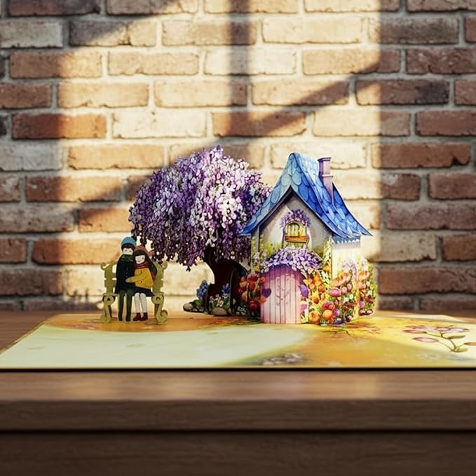 CUTE POPUP - Romantic Couple with Flowering Wisteria Design 3D popup card for Birthday, Valentine, Wedding, Anniversary Handmade gift for Girlfriend, Wife or Couple