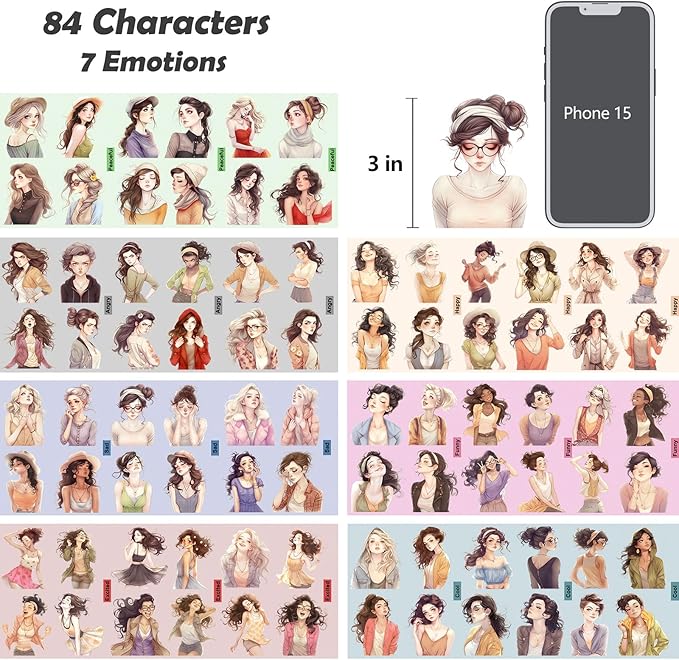 Scrapbook Stickers Set, 84Pcs PET Emotion Stickers for Journaling and Scrapbooking, Junk Journal Supplies, Aesthetic Transparent Materials, Ephemera People Women Ladies Planner DIY Arts Craft