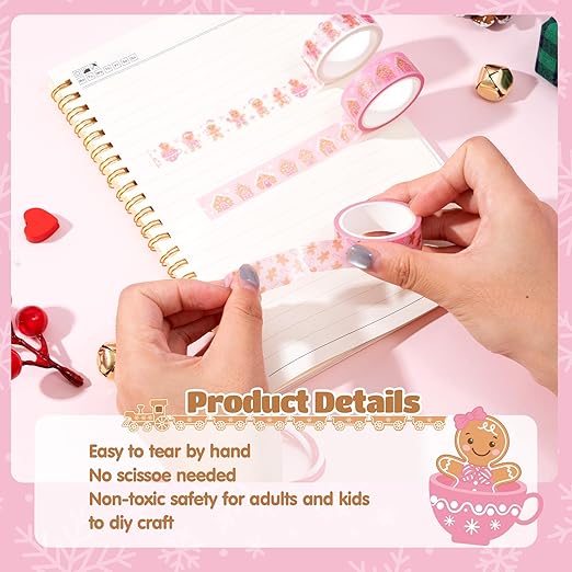 Pink Gingerbread Washi Tape - 12 Rolls Easy Tear Christmas Holiday Themed Tapes with Gingerbread Man & Snowflake Designs for Journal Decor, Gift Wrapping, Scrapbook, DIY Crafts Party Supplies