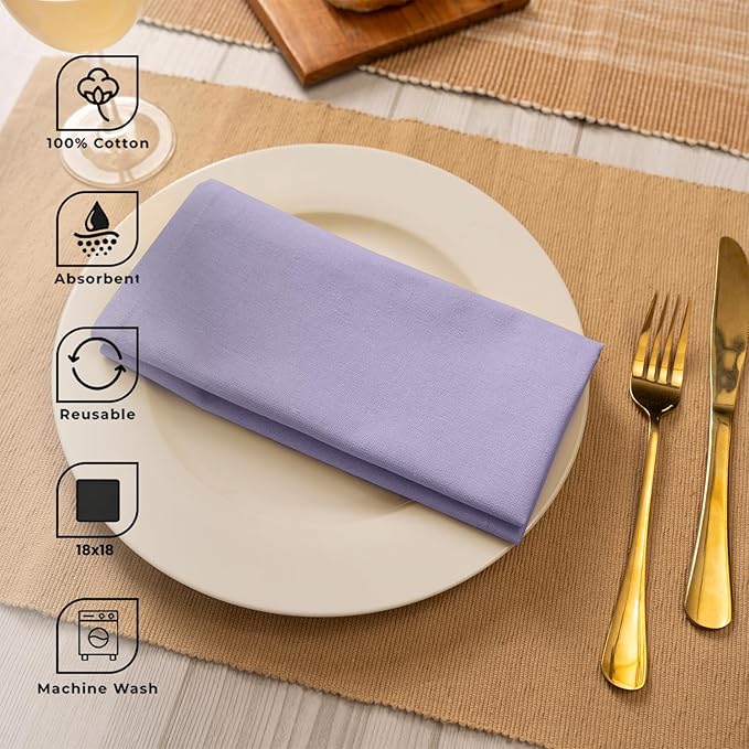 Blue Needles Solid Cloth Napkins Set of 12 Lavender 100% Cotton Dinner Napkins 18x18 inches - Soft, Reusable, Absorbent & Washable Linen, Ideal for Christmas Events, Parties & Everyday Use