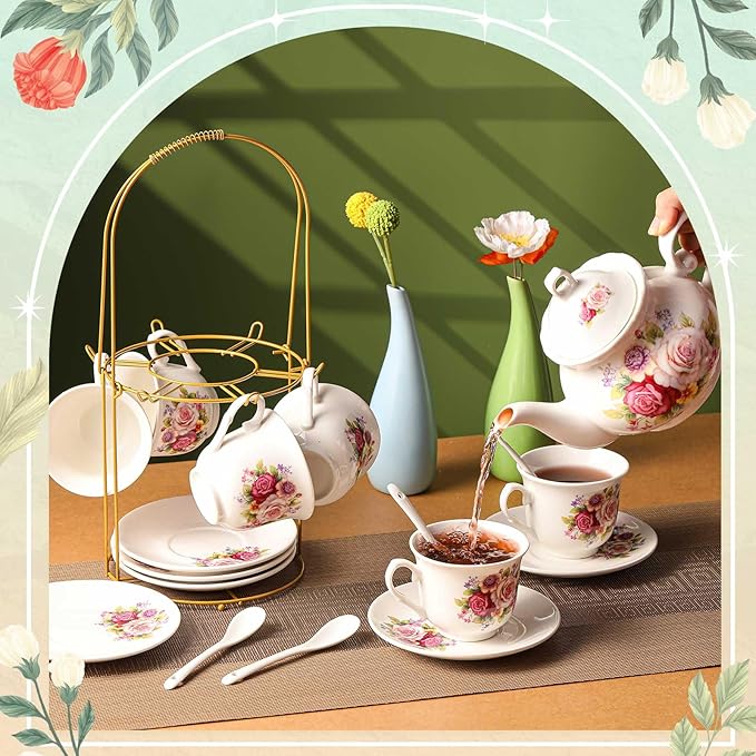 Zhehao 20 Pcs Porcelain Tea Set with Metal Holder and Spoon Adult Ceramic Tea Set European Flower Painting Teapot Cup Saucer Spoon for Women, Large Version(Modern Style)