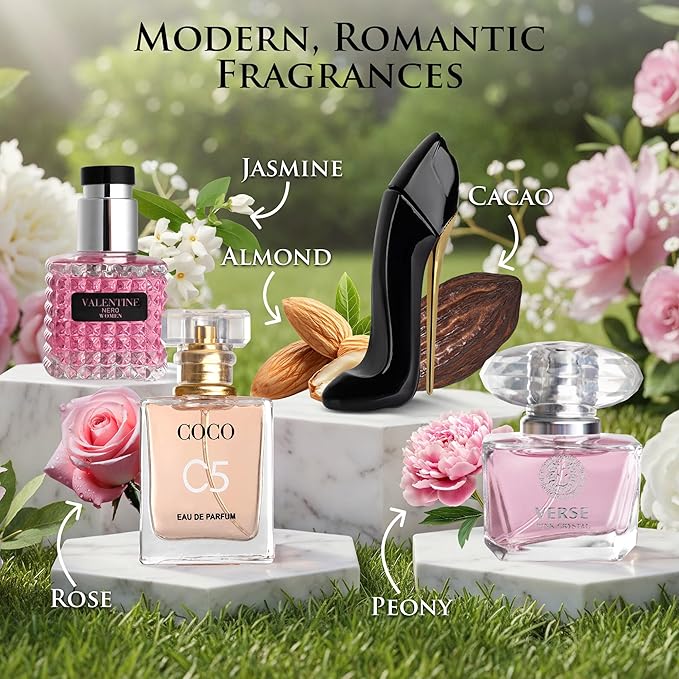 Essential 4 PC Mini Perfume Set, Birthday Gift Set for Women, Eau De Parfum 30ml Each, Vanilla Perfume & Floral Fragrance, Long-Lasting Travel Size, C5, Verse Pink Crystal, Nice Girl & Valentine