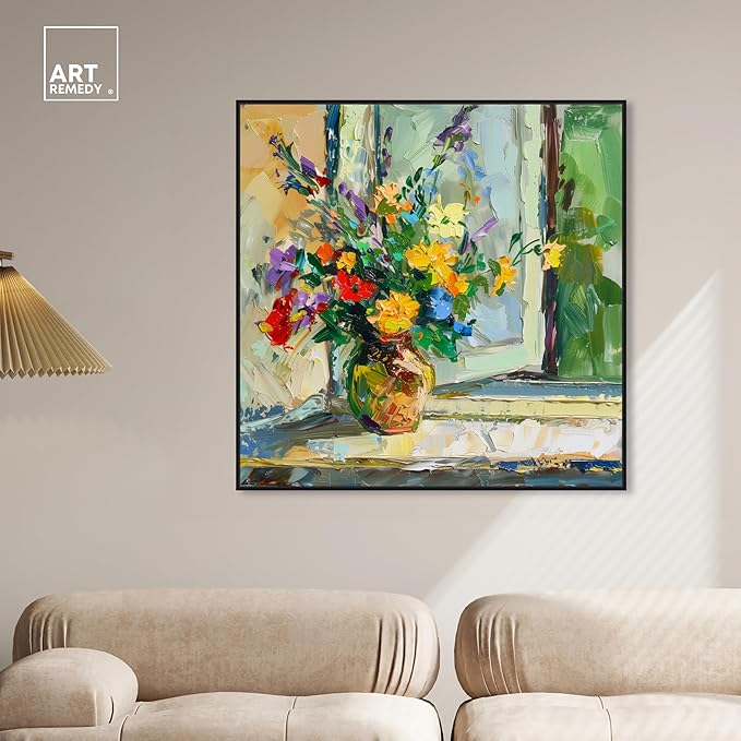 Art Remedy Vase By The Window Framed Impressionism 1 Piece Canvas Wall Art/Monet And Van Gogh Inspired Art, 41" x 41", Black Frame