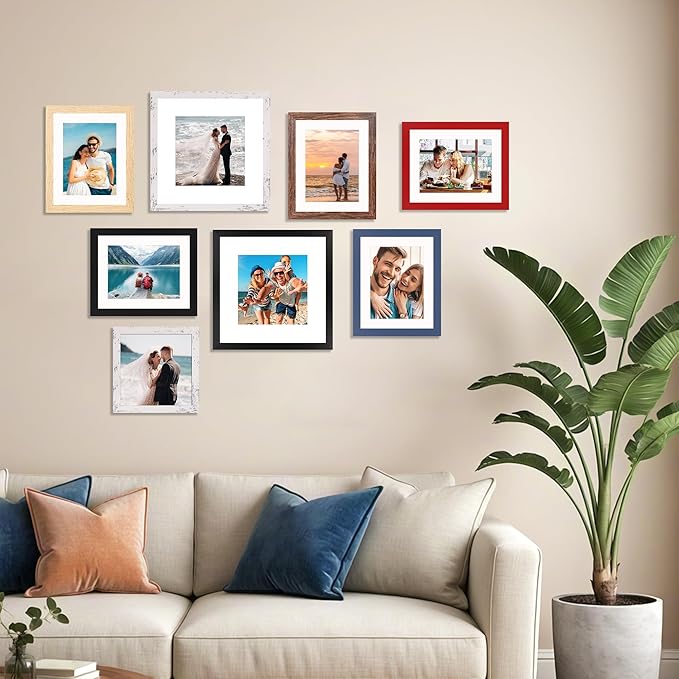 8x8 Picture Frame Set of 9, Photo Gallery Wall Frame Set, Display Pictures 4 x 4 with Mat or 8x8 Without Mat, Square Frame Picture Frames Collage Wall Decor, Red