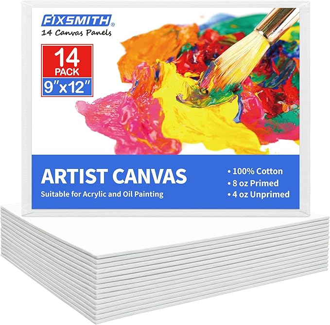 FIXSMITH Canvas Boards for Painting 9x12 Inch, Super Value 14 Pack Paint Canvases, White Blank Canvas Panels, 100% Cotton Primed Canvas Boards for Painting Art Supplies
