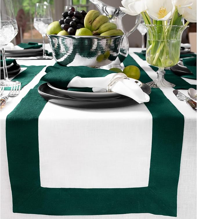 Solino Home Linen Table Runner 90 Inches Long - Rainforest and White 100% Pure Linen 14 x 90 Inch Table Runner for Dining, St Patricks Day, Winter - Contempo