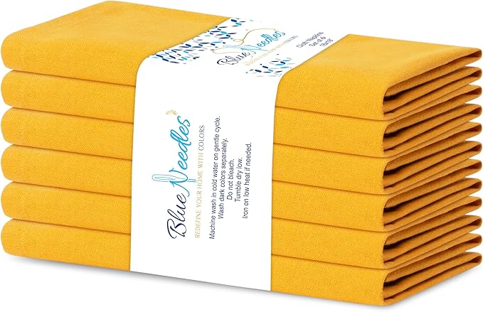 Blue Needles Solid Cloth Napkins Set of 6 Golden Yellow 100% Cotton Dinner Napkins 18x18 inches - Soft, Reusable, Absorbent & Washable Linen, Ideal for Christmas Events, Parties & Everyday Use