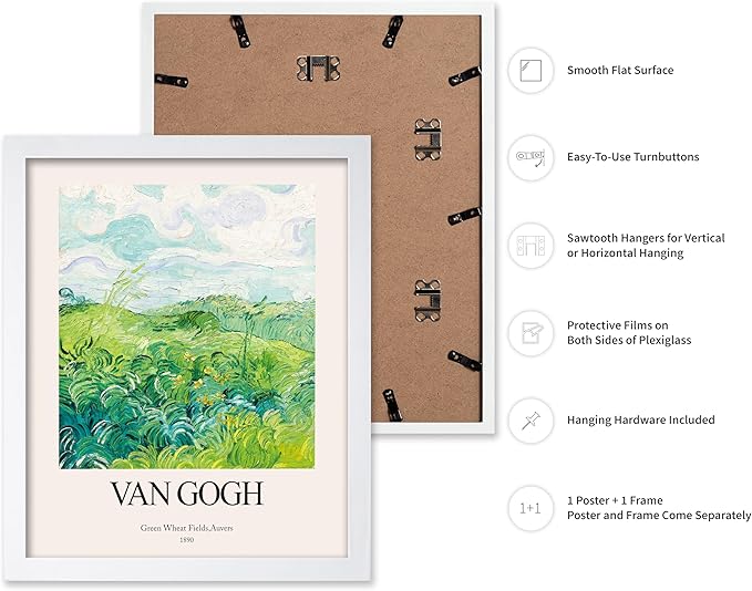 Monem Art Vintage Van Gogh Poster - Retro Impressionist Print - Green Wheat Fields, Auvers, Sky, Leaves, Landscape - Gift for Artist, Friend - Wall Decor for Home, Office, 11x14 White Framed