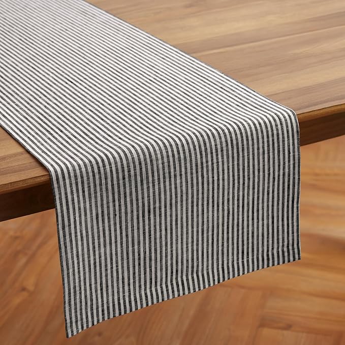 Solino Home Linen Table Runner 120 Inches Long - Narrow Stripe, 100% Pure Linen Black and White Table Runner 14 x 120 Inch for Dining, Winter, Spring, Easter