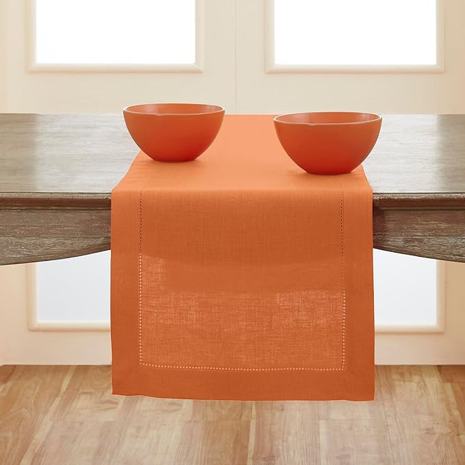 Solino Home Linen Pumpkin Table Runner 90 Inches Long - 100% Pure Linen Hemstitch 14 x 90 Inch Table Runner for Dining - Classic Hemstitch