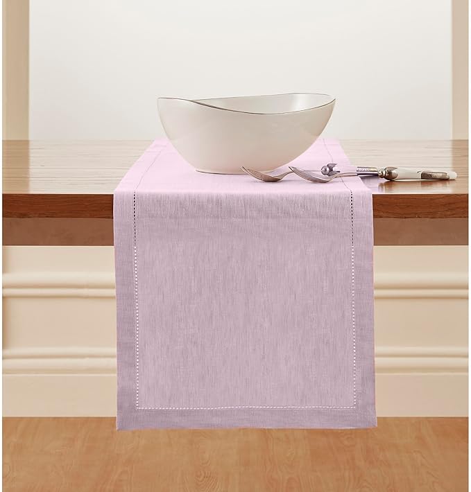 Solino Home Linen Table Runner 48 Inches - 100% Pure Linen Bubblegum Pink Hemstitch Table Runner 14 x 48 Inch Ideal for Dresser and Coffee Tables, Valentines, Spring, Easter - Milan