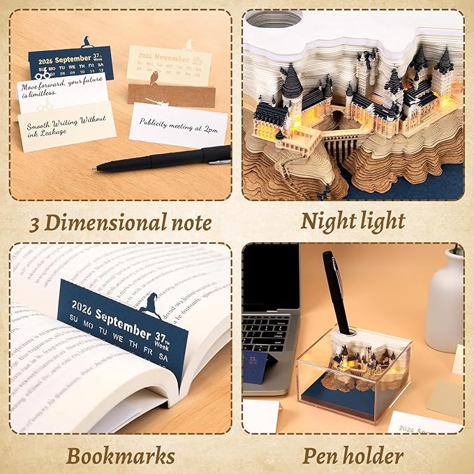 3D Time Piece Calendar 2026 3D Tear Away Mini Desk Calendar with LED Light Art Memo Pad Notepad Desktop Decoration Gift for Christmas (With Weekly Calendar & Light)