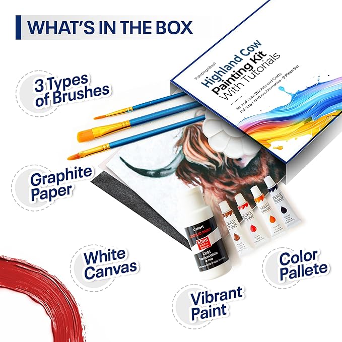 Painting4Real DIY Painting Class Kit for Adults with Video Tutorials: Learn to Paint Highland Cow – How to Paint with Acrylics – Painting & Art Supplies – 9 Piece Acrylic Paint Set