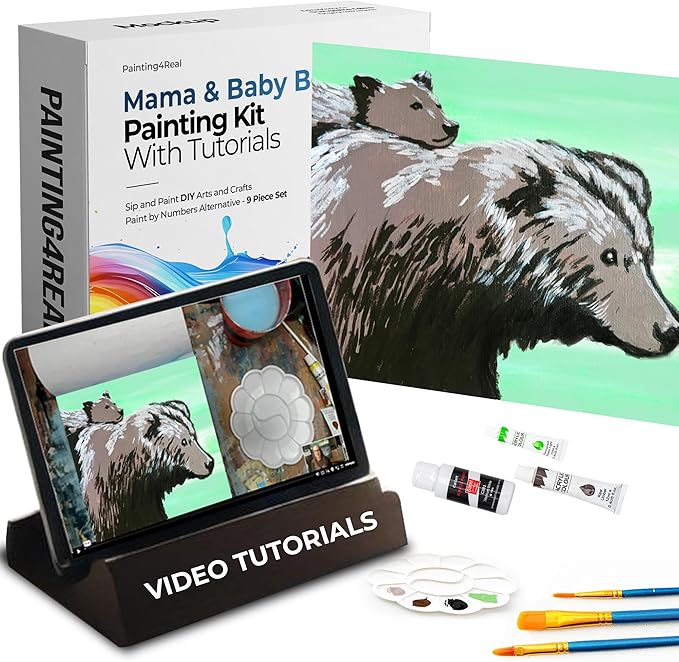 DIY Painting Class Kit for Adults with Video Tutorials: Learn to Paint Mama & Baby Bear – How to Paint with Acrylics – Ideal Mothers Day Gift – 9 Piece Acrylic Paint Set