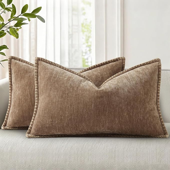 decorUhome Spring Chenille Soft Throw Pillow Covers 12x20 Set of 2, Lumbar Velvet Farmhouse Neutral Decorative Pillow Covers with Stitched Edge for Couch Sofa Bed Home Decor, Brown