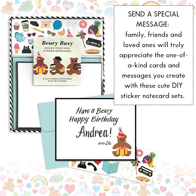 Mrs. Grossman's Design Your Own Sticker Notecards Card Making Kit - includes 8 Cards, Envelopes, and Classic Stickers - Create DIY Thank You, Birthday, Greeting Cards (Beary Busy)