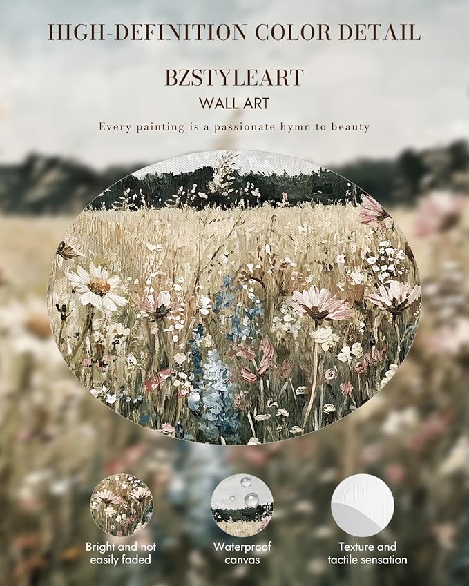 Bzstyleart Vintage Wall Art Decor for Living Room, Framed Landscape Wall Art Bedroom, Meadow with Flowers,Vintage Room Decor,Paintings for Bedroom,12 x 16 Inch