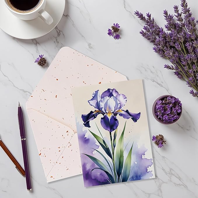 Blank Inside Greeting Card with Envelope for All Occasions, 5x7 Inch Elegant Watercolor Iris Card – Birthday, Sympathy, Thank You - Single Card