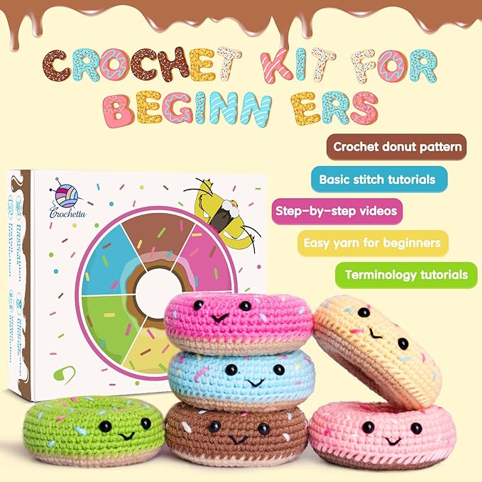 Crochet Kit for Beginners, Beginner Crochet Starter Kit w Step-by-Step Video Tutorials, Learn to Crochet Kits for Adults, DIY Knitting Supplies, 6-Pack Donuts (40%+ Yarn Content)