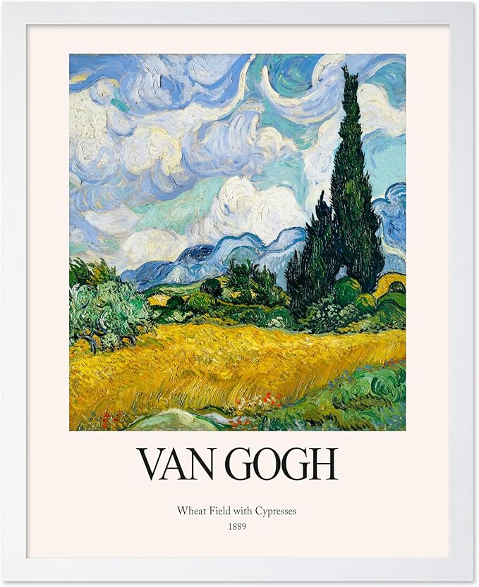 Monem Art Vintage Van Gogh Poster - Retro Impressionist Print - Wheat Field With Cypresses, Trees, Sky, Landscape - Gift for Artist, Friend - Wall Decor for Home, Office, 8x10 White Framed