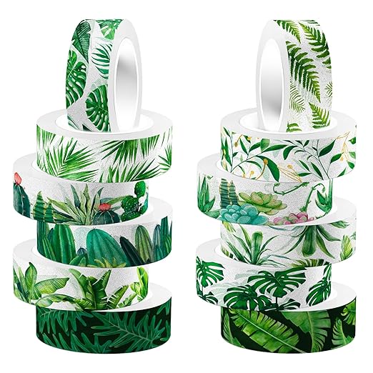 12 Rolls Greenery Washi Tape Set, Summer Tropical Leaves Masking Tape, Green Plants Cactus Succulents Decorative Tape Sticker for Scrapbook Journal DIY Craft Gift Wrapping 16.4FT