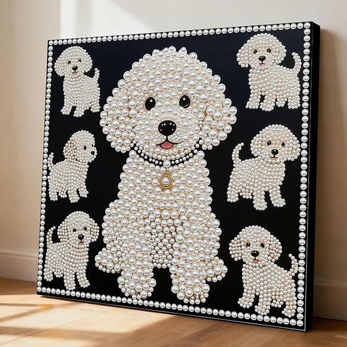 DIY Pearl Painting Kit with Wooden Frame, 3D Plastic Pearl Gemstone Ocean Art Craft for Adults Beginners, Diamond Art Kits for Adults, Home Wall Decor Ready Gift for Women(Puppy)(30 * 30cm)