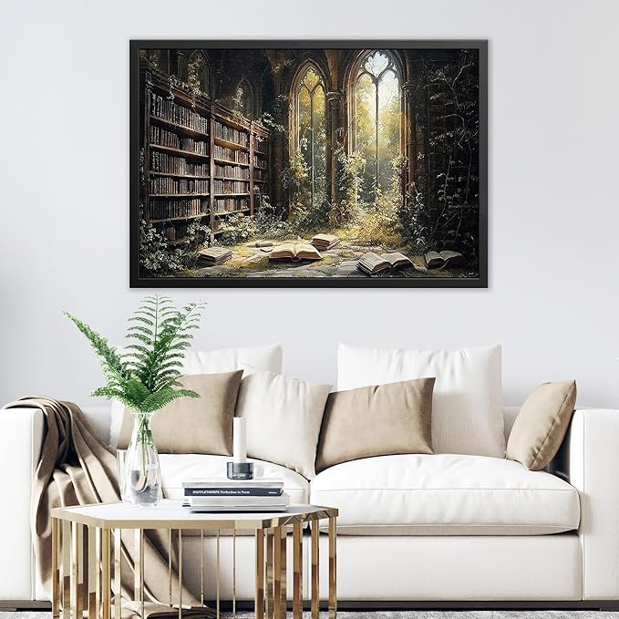 RileyCraftley Fantasy Library Canvas Wall Art Magical Book Room Print Vintage Bookshelf Painting Enchanted Library Decor