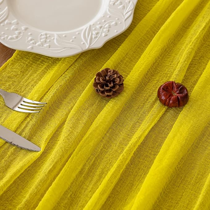 Keketoarrange Yellow Easter Table Runner Rustic Gauze Cheesecloth Table Runner 120 Inch 10 FT for Wedding Baby Shower Bridal Shower Engagement Garden Party Long Sheer Spring Summer Home Decorations