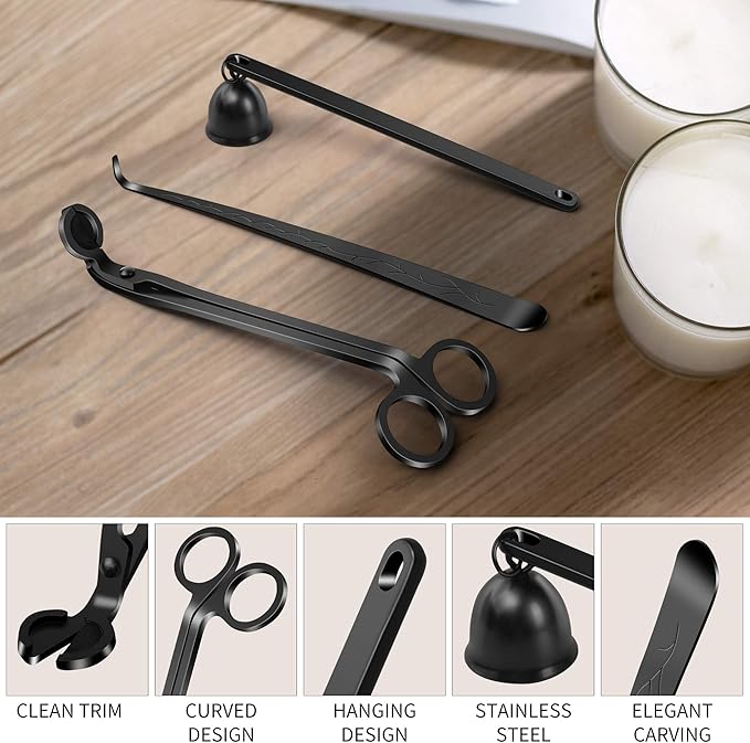 3 in 1 Candle Accessory Set, Candle Wick Trimmer Cutter, Candle Snuffer Extinguisher, Wick Dipper with Gift Package for Candle Lover (Black)
