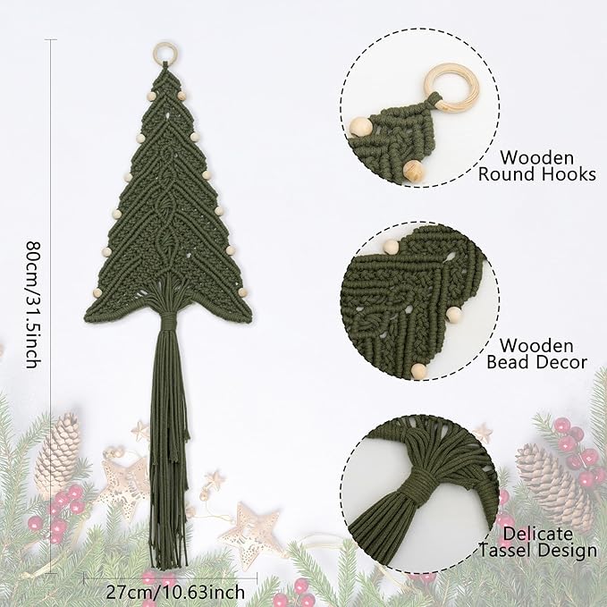 LB Macrame Christmas Tree Wall Hanging, Green Christmas Tree Wall Art Handmade Woven with Wood Beads Xmas Holiday Tapestry Funny Xmas Ornament for Bedroom Living Room Rustic Xmas Decor,10X31 Inch
