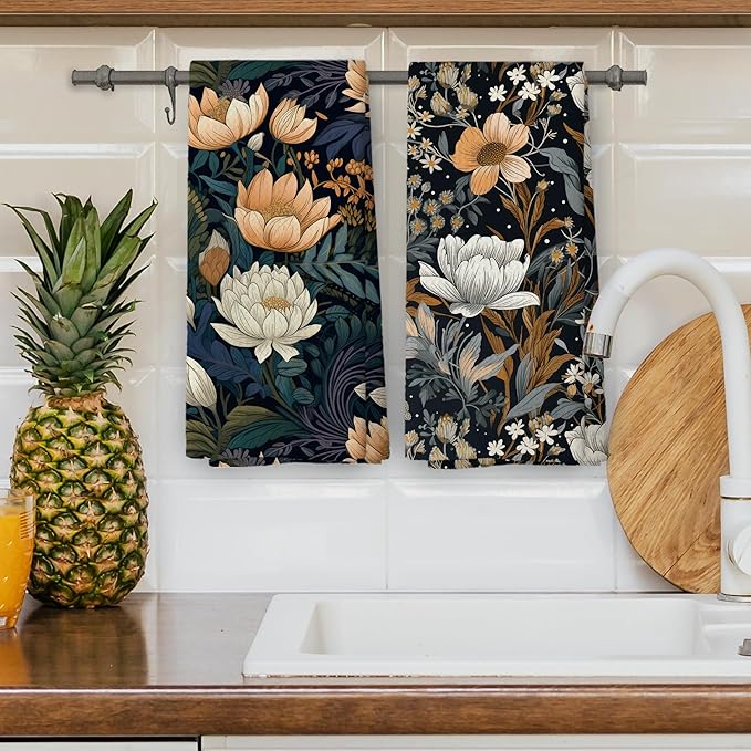 Retro Boho Floral Decor Kitchen Dish Towels Set of 2, Vintage Bohemian Flower Decor for Kitchen Bathroom, Botanical Black Landscape Hand Towels Tea Towels Farmhouse Decorations, 16x24inch