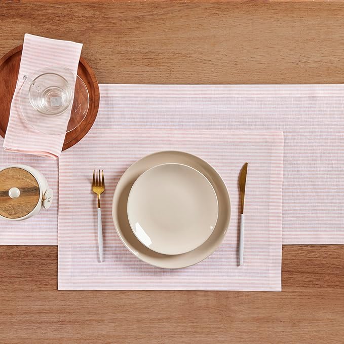 Solino Home Linen Striped Table Runner 108 Inches Long - Narrow Stripe 100% Pure Linen Peach and White Dining Table Runner 14 x 108 Inch for Valentines, Spring, Easter