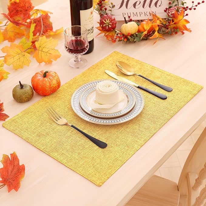 Homaxy Cloths Placemats for Dining Table Set of 6, Heat Resistant Washable Cotton Linen Blend Table Mats, Ideal for Kitchen Party Dining Decoration, 13" x 19", Mustard Yellow