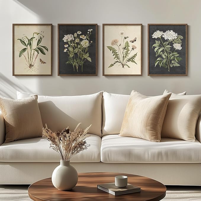 Framed Vintage Botanical Wall Art Bedroom, 4 Piece Rustic Farmhouse Floral Canvas Prints Artwork, Neutral Flower Butterfly Pictures for Modern Farmhouse Living Room Kitchen Bathroom Wall Decor, 11x14