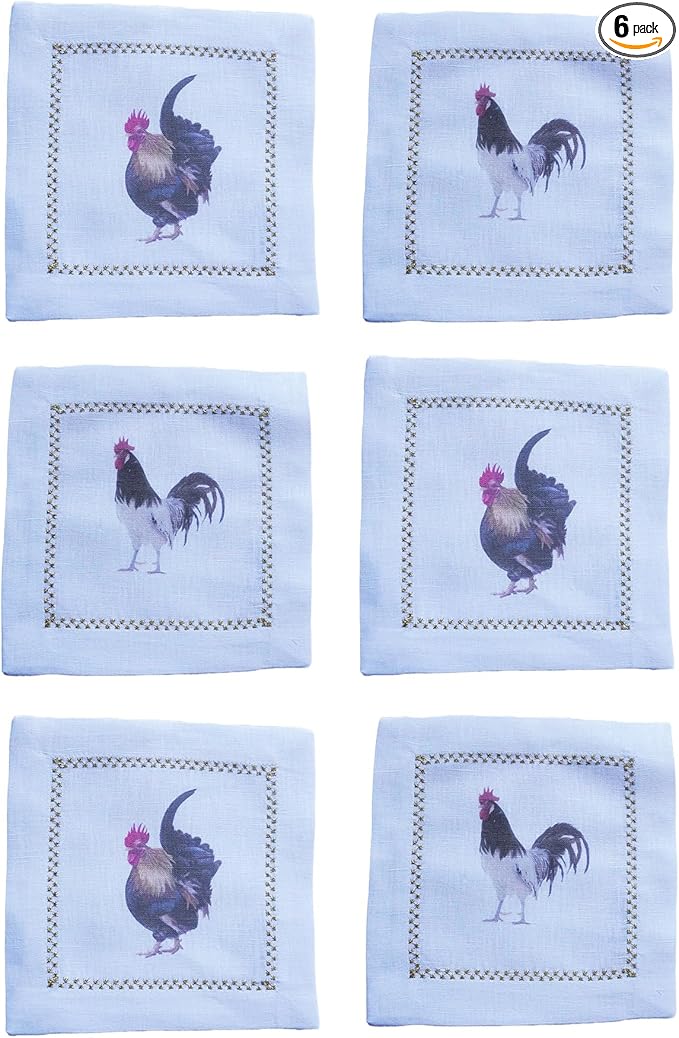 Cocktail Napkins Set of 6, 6x6 inch, 100% Linen, Printed Animal Pattern, Reusable & Washable Cloth Coasters for Beverages, Hosting, Gifting & Everyday Use (Rooster)