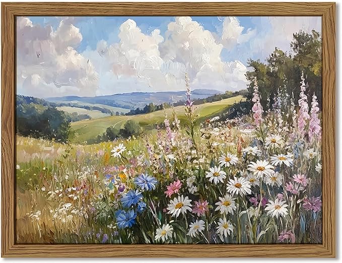 Framed Vintage Wildflower Canvas Wall Art, Nature Botanical Floral Wall Decor Pictures, Rustic Farmhouse Daisy Landscape Paintings Prints for Living Room Bedroom Bathroom Office 12x16 inch