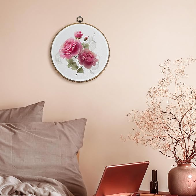 FUGWN Vintage Pink Rose Round Wall Art Decor Framed, Cottagecore Floral Canvas Artwork Prints, Rustic Retro Pink Flower Wall Hanging Decorations for Home Bedroom Living Room, 10x10 Inch