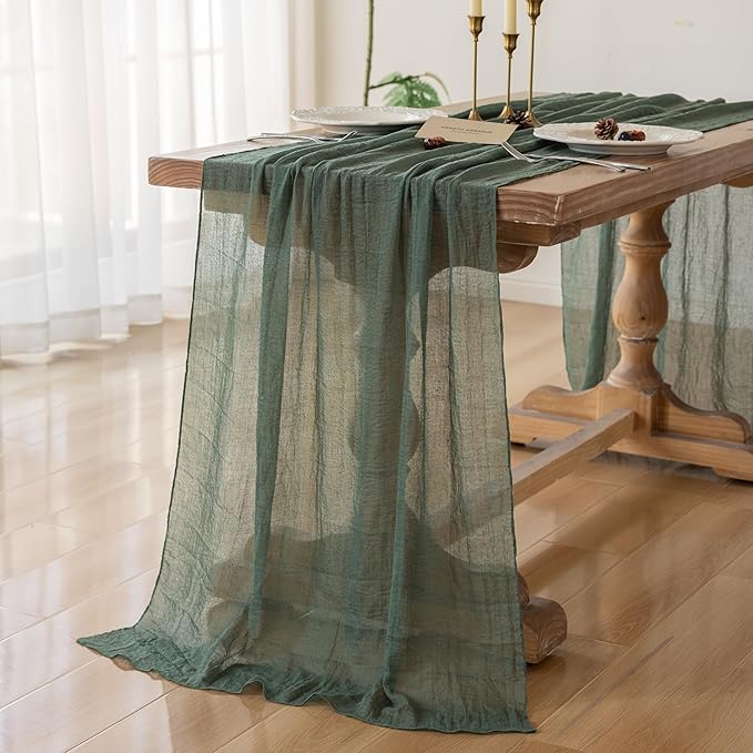 Keketoarrange Forest Green Easter Table Runner Gauze Rustic Cheesecloth 120 Inch 10 FT for Wedding Baby Shower Bridal Shower Birthday Engagement Garden Party Long Sheer Boho Spring Home Decorations