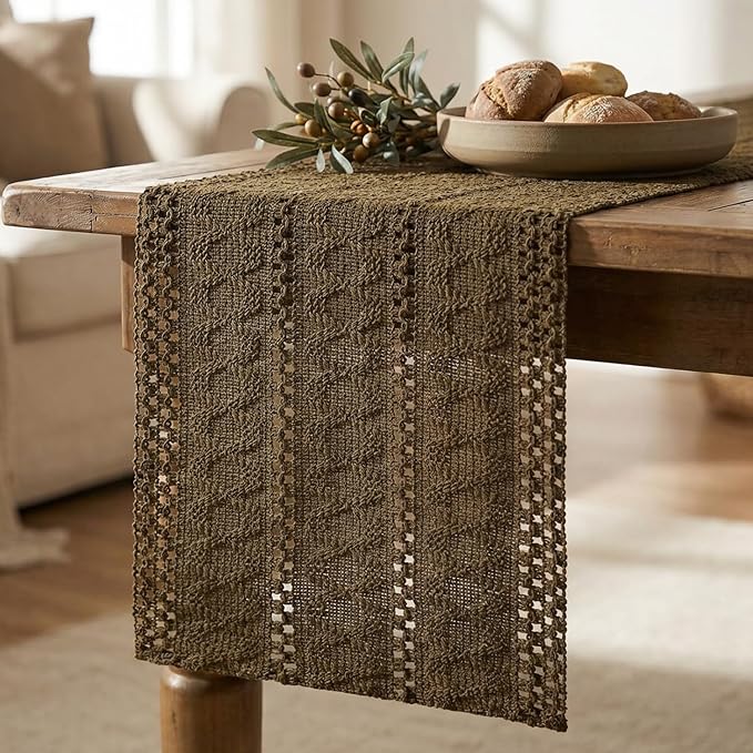 Artoid Mode Light Coffee Farmhouse Woven Rustic Hollow Table Runner, Seasonal Holiday Hollow Kitchen Dining Table Decoration for Home Party Decor 12x90 Inch