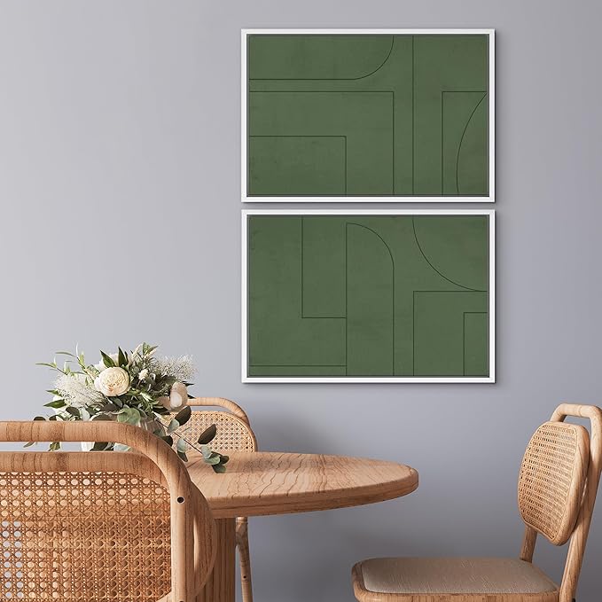 SIGNWIN Framed Canvas Print Wall Art Set Green Mid-Century Polygon Landscape Abstract Shapes Digital Art Modern Art Decorative Minimalism Vintage for Living Room, Bedroom, Office - 24"x36"x2 White