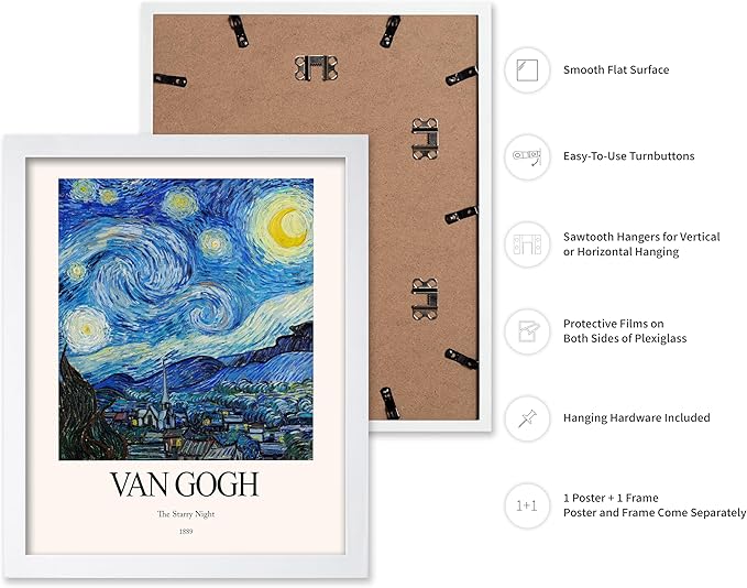 Monem Art Vintage Van Gogh Poster - Retro Impressionist Print - The Starry Night, Moon, Stars, Abstract - Gift for Artist, Friend - Wall Decor for Home, Office, 8x10 White Framed