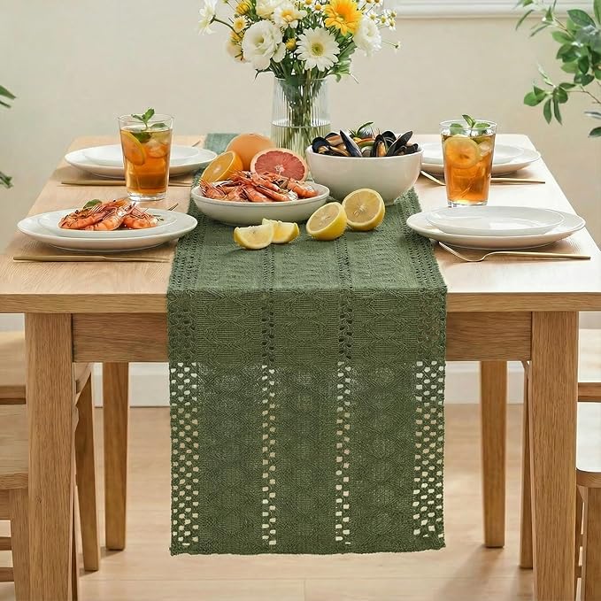 Artoid Mode Army Green Farmhouse Woven Rustic Hollow Table Runner, Seasonal Holiday Hollow Kitchen Dining Table Decoration for Home Party Decor 12x72 Inch