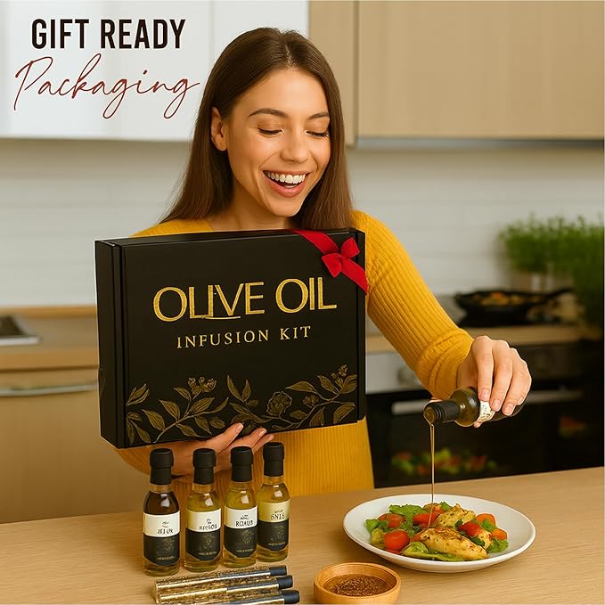 Infused Olive Oil Gift Set – Variety Pack - 4 Flavored Olive Oil Extra Virgin, 3 Spice Flavorful Infusion Blends, Bread Dipping Bowl & Recipe Booklet - Set of 8 – Gourmet Cooking Gifts for Women