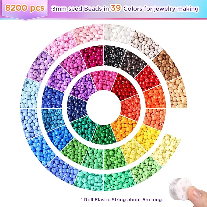 3mm Seed Beads Uniform, 39 Colors 8200pcs Small Beads for Jewelry Making, Friendship Bracelet Bead for Girls Adults