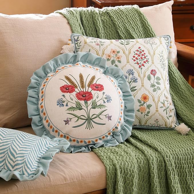 ISAENNE Design Linen Square Rectangle Round Throw Pillow Covers Set of 4, Farmhouse Cushion Covers with Powder Blue Watercolor Wildflower Pattern Decor Pillowcases for Bed,Living Room,Outdoor,Car