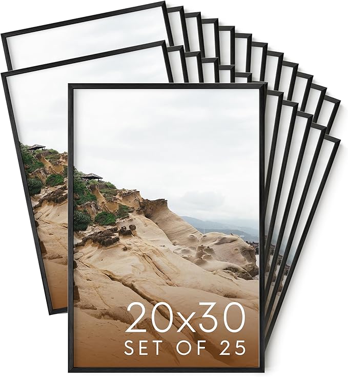 HAUS AND HUES 20x30 Black Metal Picture Frames - Features Premium Aluminum, Vertical & Horizontal Hang, Shatterproof Plexiglass - Ideal for Home, Room, Office (20x30 in, Black, Set of 25)